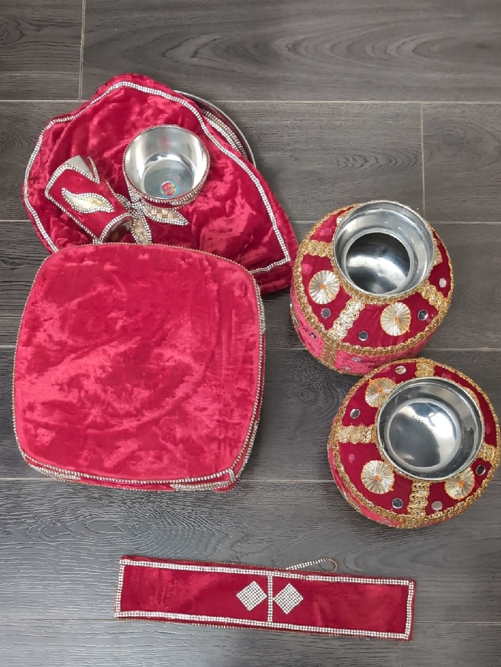 Red Velvet Decorative Puja Set with Gold Embellishments